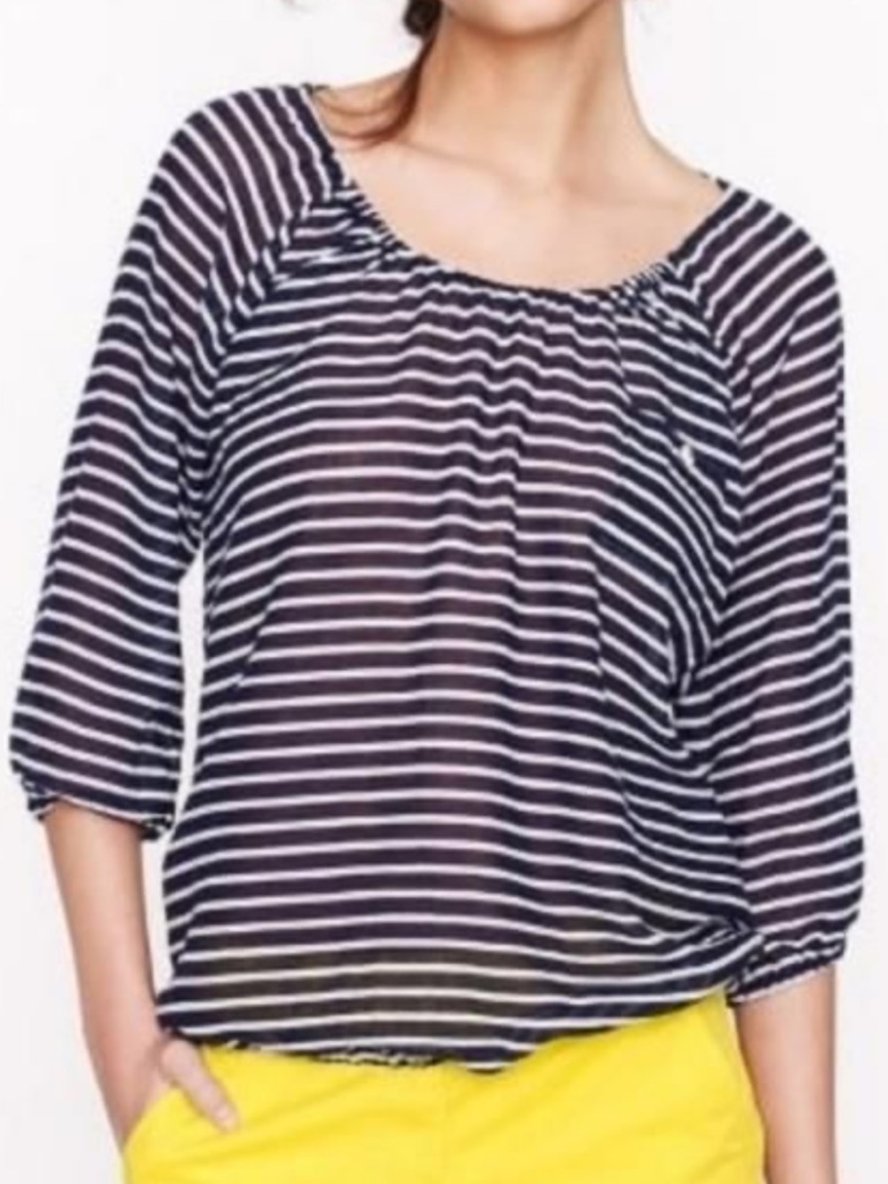 J. Crew Navy and White Striped Semi Sheer 3/4 Sleeved Peasant‎ Top. Size Small.